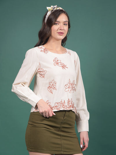 Beige Embroidered Top-Women Tops-Crimsoune Club