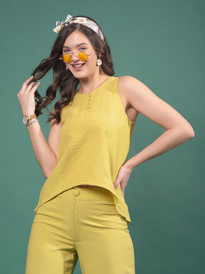Olive Embroidered Sleeveless Top-Women Tops-Crimsoune Club