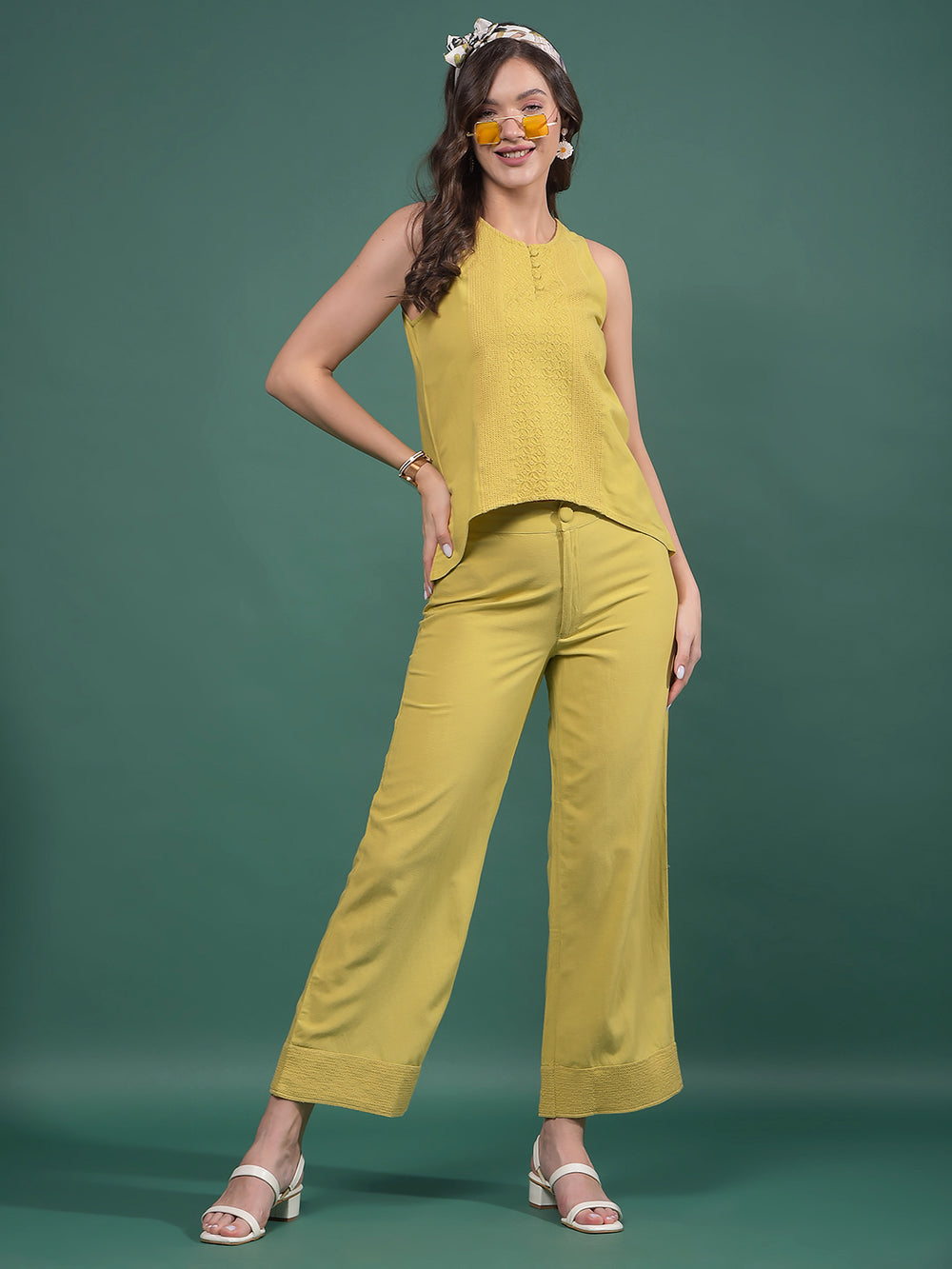 Olive Embroidered Sleeveless Top-Women Tops-Crimsoune Club