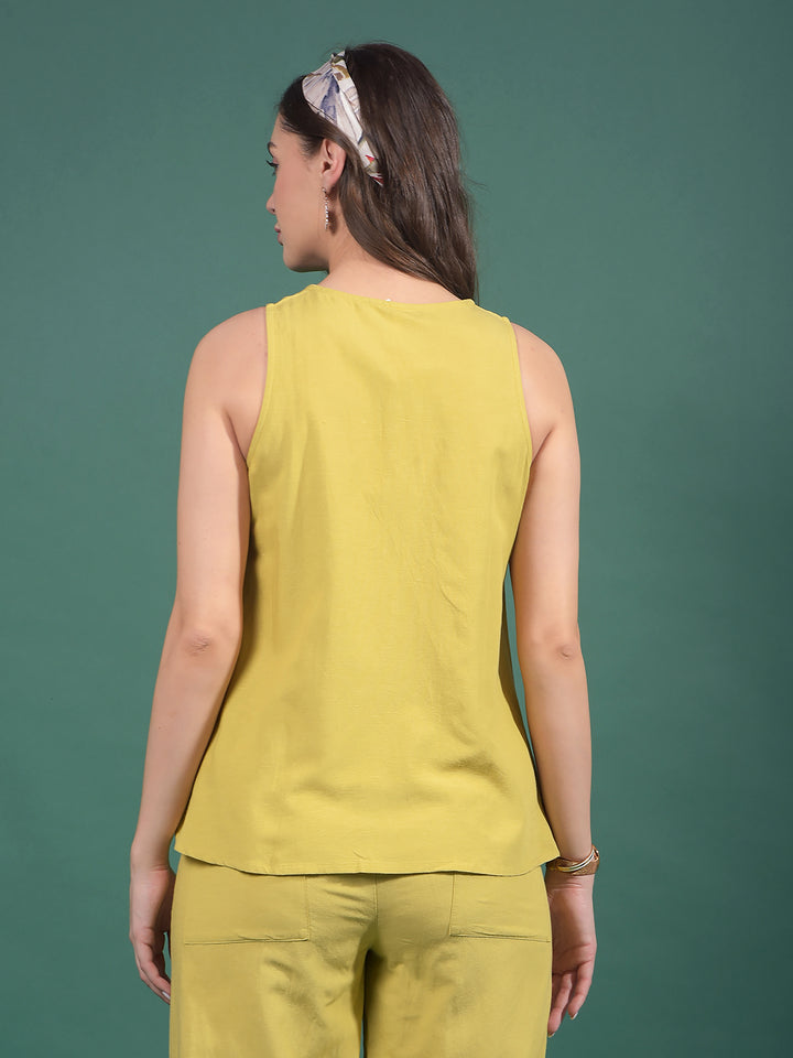 Olive Embroidered Sleeveless Top-Women Tops-Crimsoune Club
