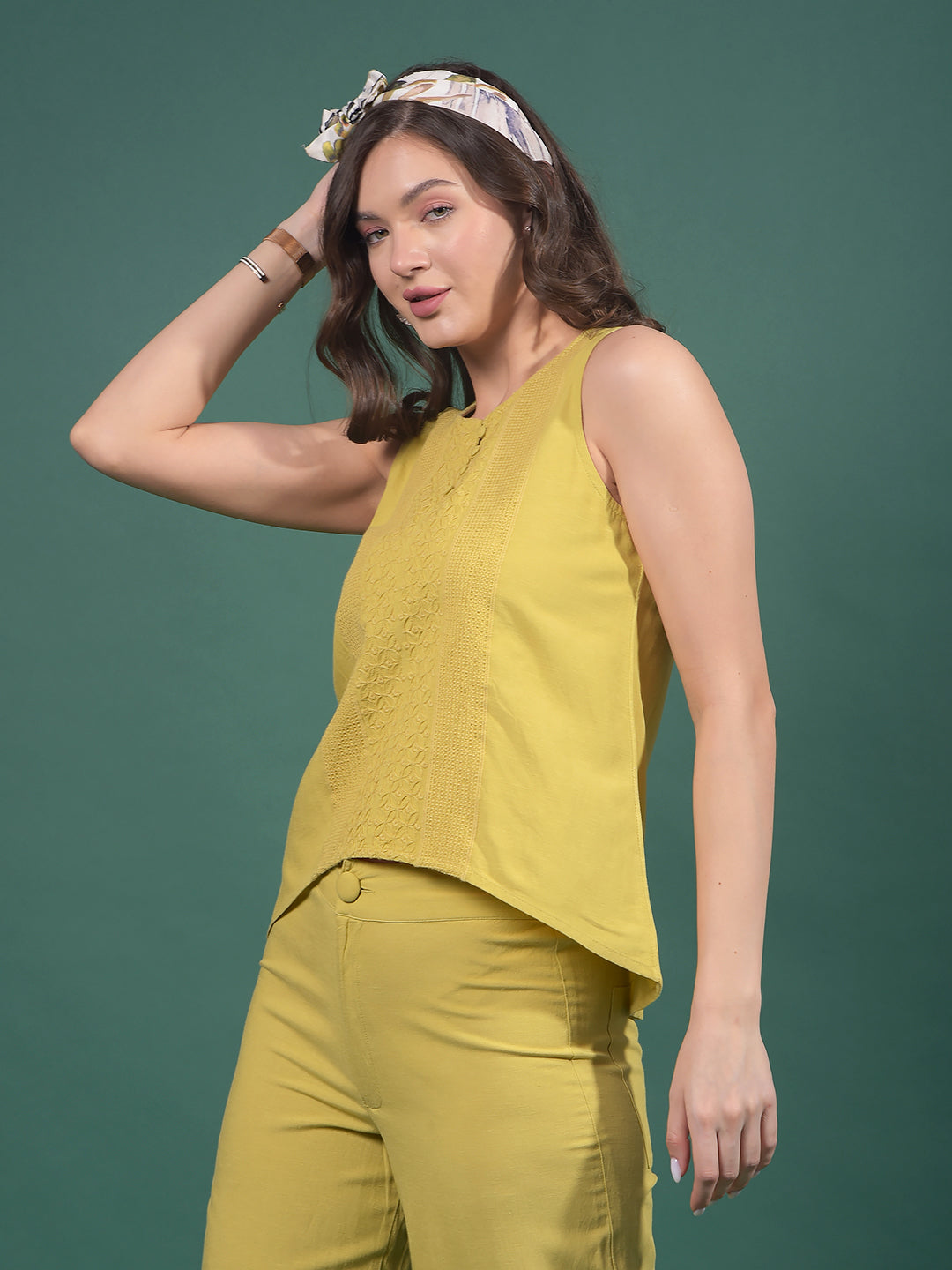 Olive Embroidered Sleeveless Top-Women Tops-Crimsoune Club