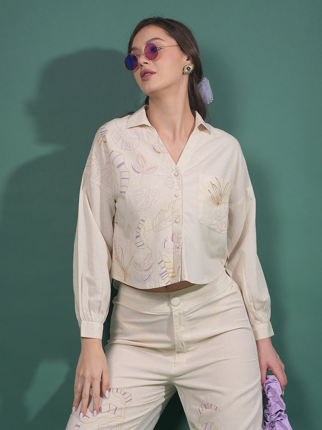 Beige Embroidered Crop Length Shirt-Women Shirts-Crimsoune Club