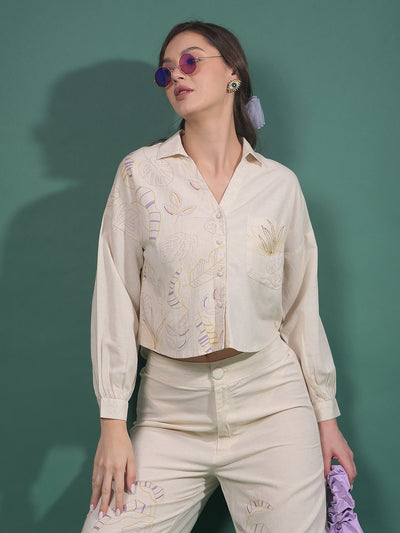 Beige Embroidered Crop Length Shirt-Women Shirts-Crimsoune Club