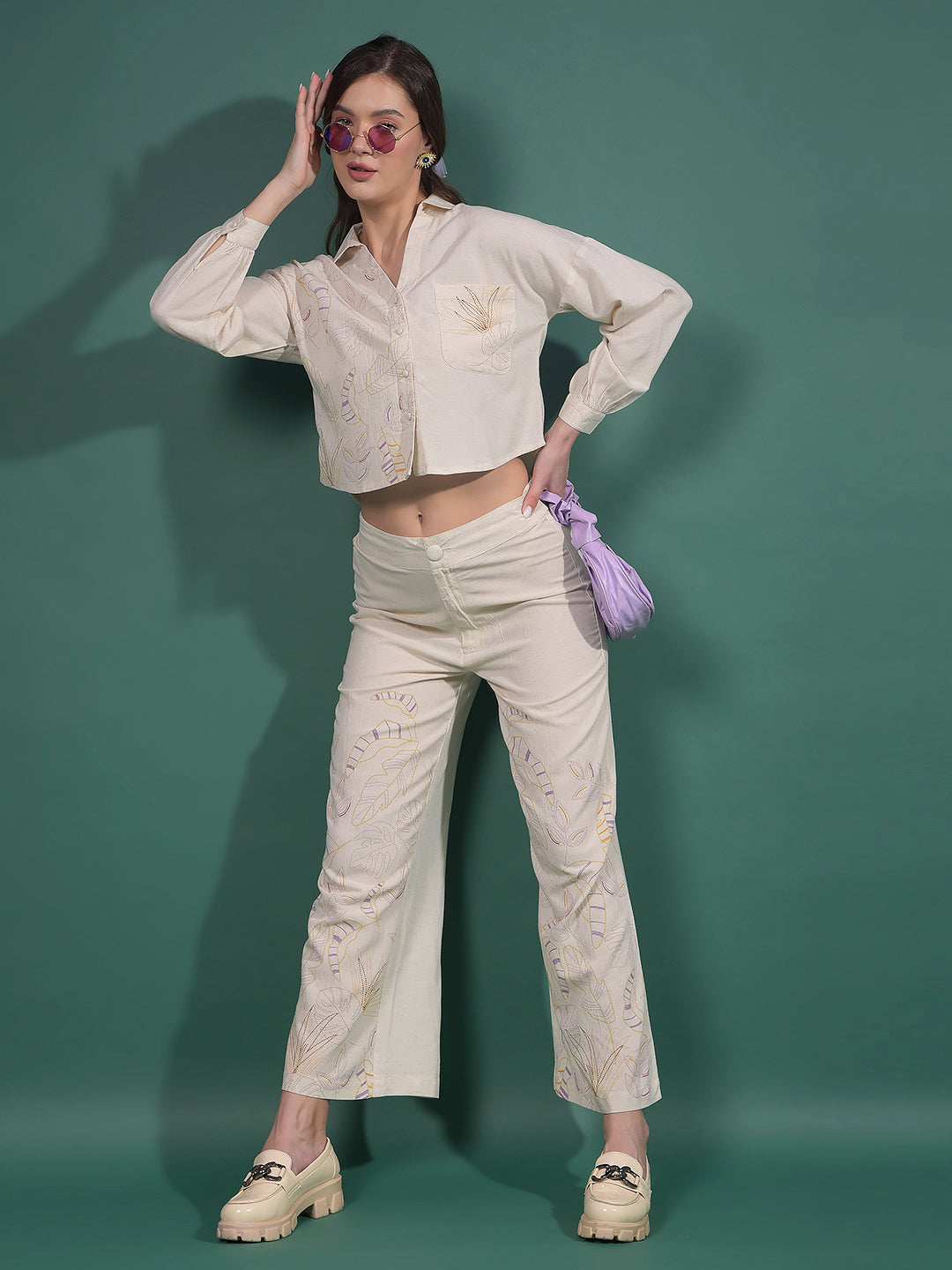 Beige Embroidered Crop Length Shirt-Women Shirts-Crimsoune Club