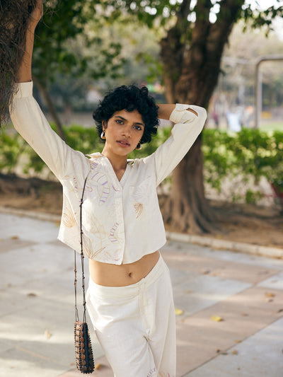 Beige Embroidered Crop Length Shirt-Women Shirts-Crimsoune Club