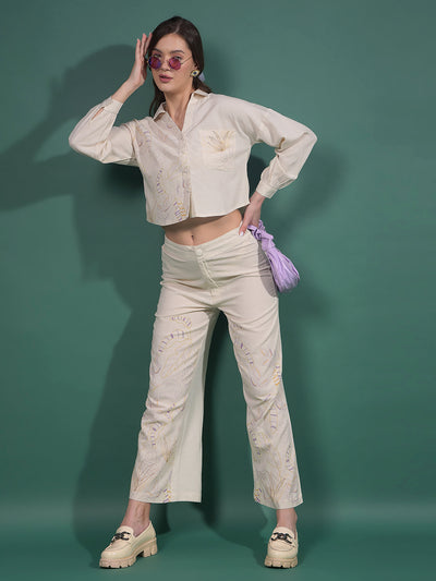 Beige Embroidered Crop Length Shirt-Women Shirts-Crimsoune Club