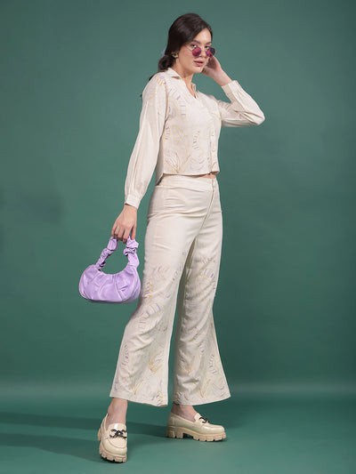 Beige Embroidered Crop Length Shirt-Women Shirts-Crimsoune Club