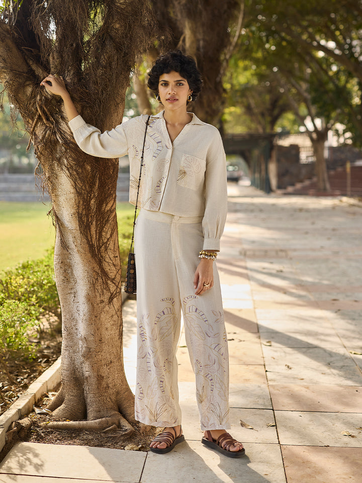 Beige Embroidered Crop Length Shirt-Women Shirts-Crimsoune Club