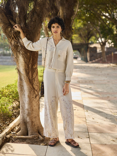 Beige Embroidered Crop Length Shirt-Women Shirts-Crimsoune Club