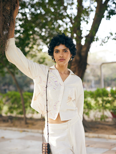 Beige Embroidered Crop Length Shirt-Women Shirts-Crimsoune Club