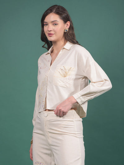 Beige Embroidered Crop Length Shirt-Women Shirts-Crimsoune Club