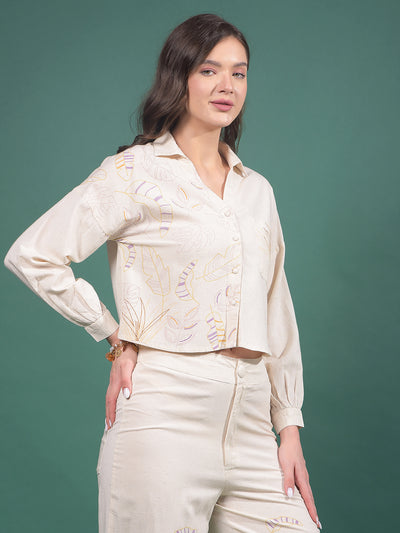 Beige Embroidered Crop Length Shirt-Women Shirts-Crimsoune Club