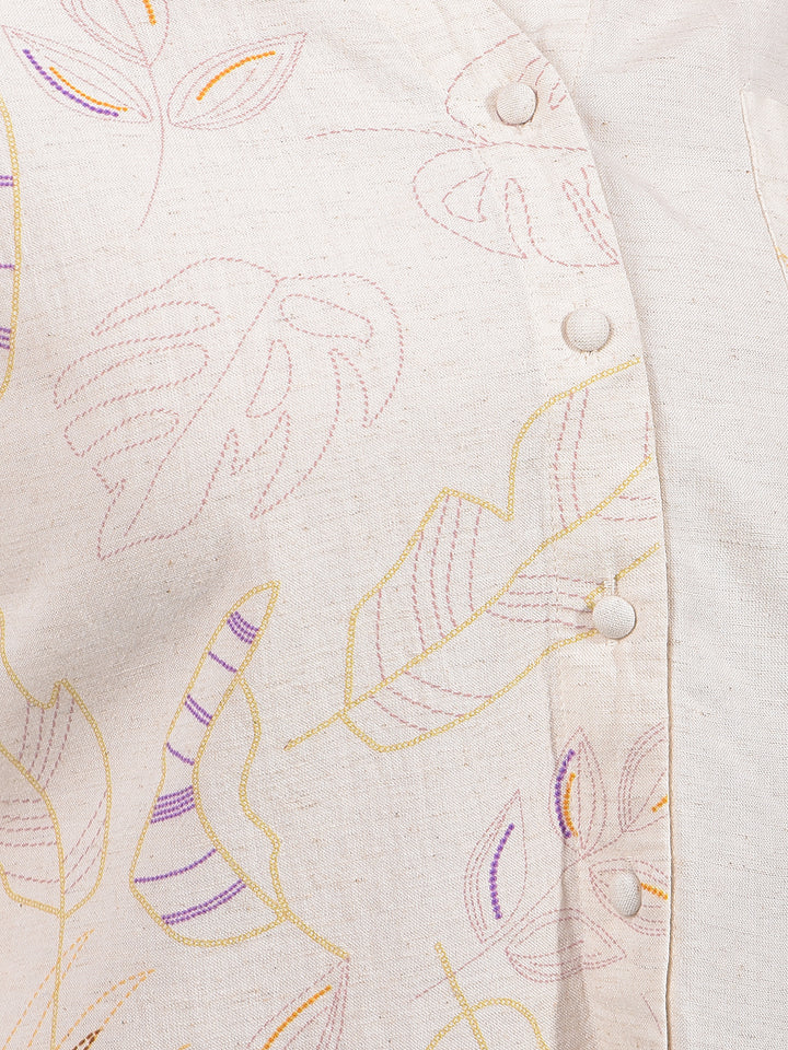 Beige Embroidered Crop Length Shirt-Women Shirts-Crimsoune Club