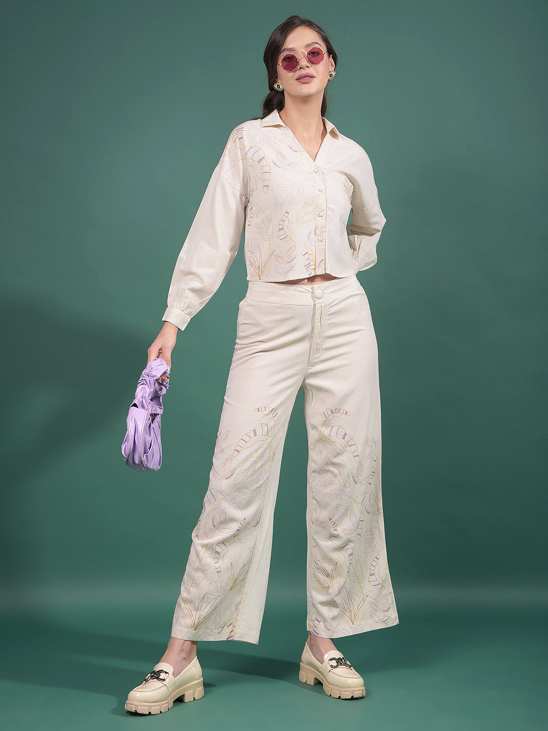 Beige Floral Print Wide-Leg Trousers-Women Trousers-Crimsoune Club