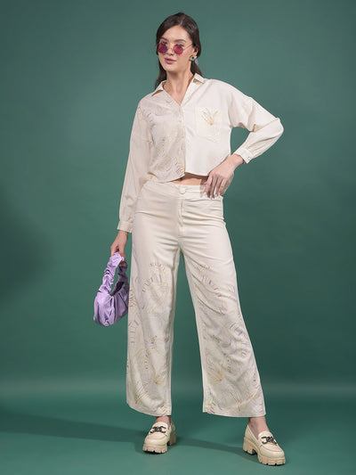 Beige Floral Print Wide-Leg Trousers-Women Trousers-Crimsoune Club