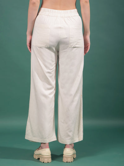 Beige Floral Print Wide-Leg Trousers-Women Trousers-Crimsoune Club
