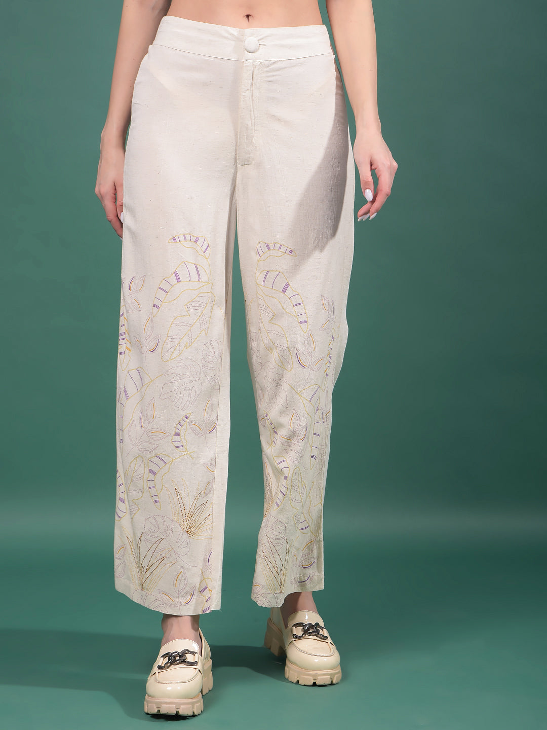 Beige Floral Print Wide-Leg Trousers-Women Trousers-Crimsoune Club