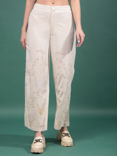 Beige Floral Print Wide-Leg Trousers-Women Trousers-Crimsoune Club
