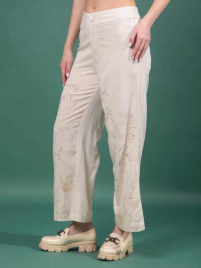 Beige Floral Print Wide-Leg Trousers-Women Trousers-Crimsoune Club