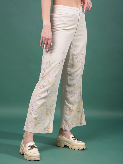 Beige Floral Print Wide-Leg Trousers-Women Trousers-Crimsoune Club