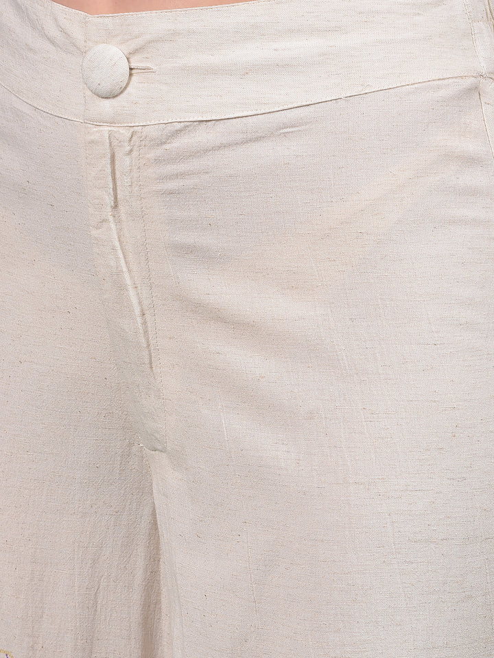Beige Floral Print Wide-Leg Trousers-Women Trousers-Crimsoune Club
