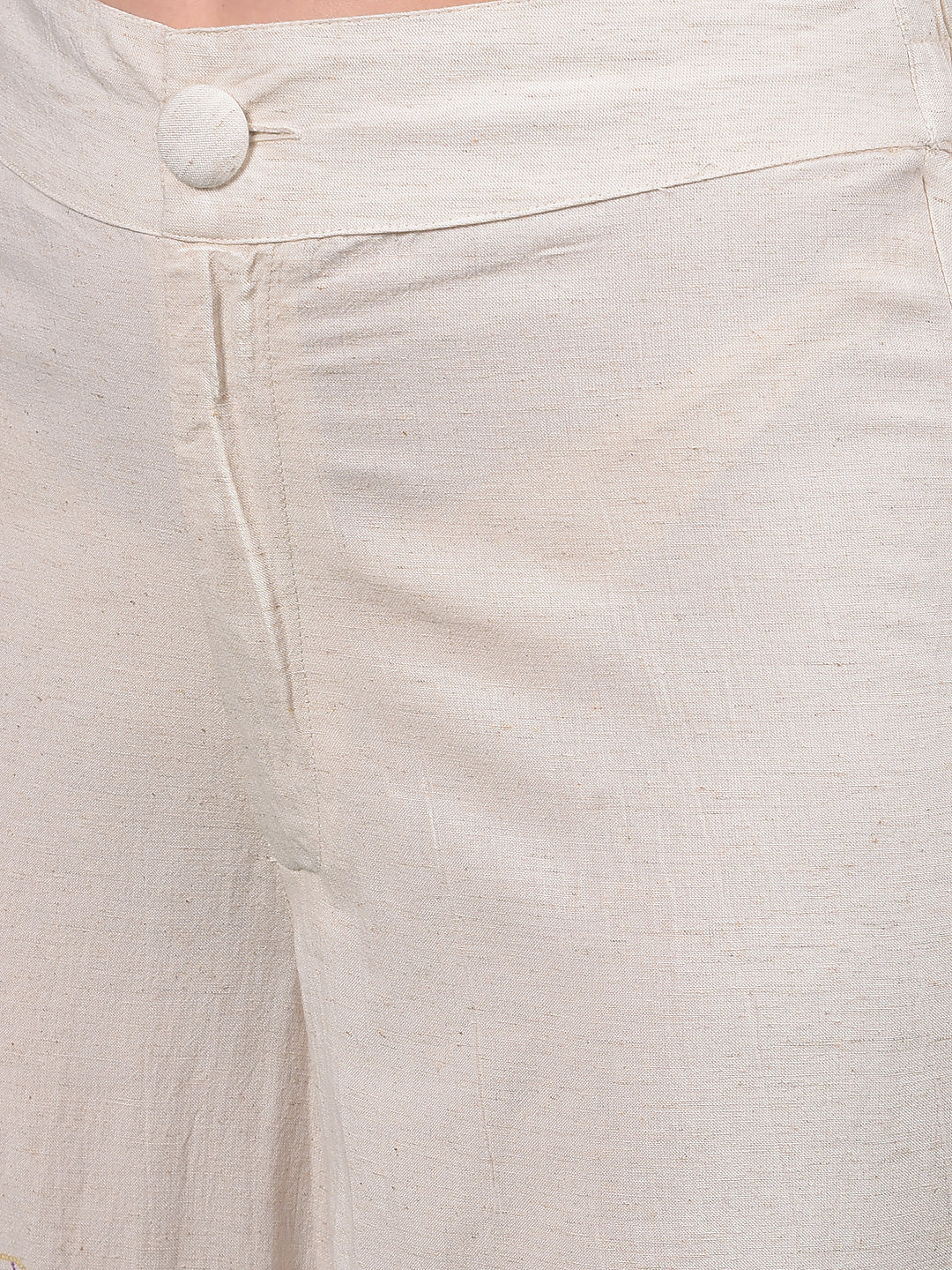 Beige Floral Print Wide-Leg Trousers-Women Trousers-Crimsoune Club