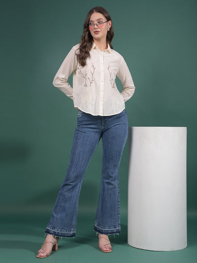 Cream Embroidered 100% Cotton Shirt-Women Shirts-Crimsoune Club