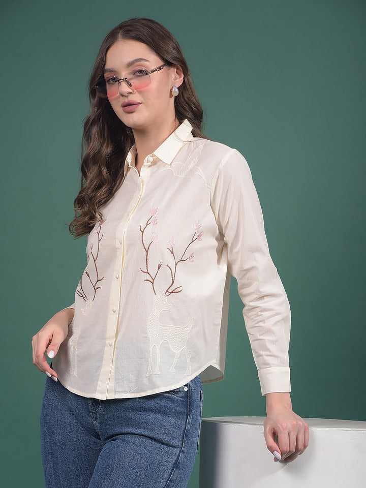 Cream Embroidered 100% Cotton Shirt-Women Shirts-Crimsoune Club