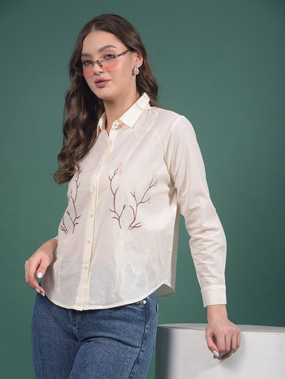 Cream Embroidered 100% Cotton Shirt-Women Shirts-Crimsoune Club