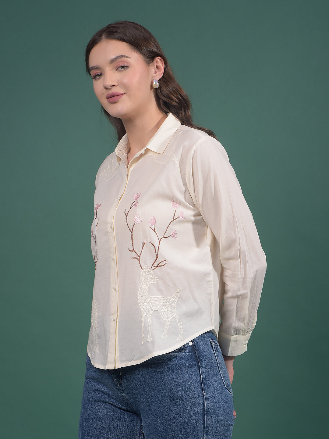 Cream Embroidered 100% Cotton Shirt-Women Shirts-Crimsoune Club