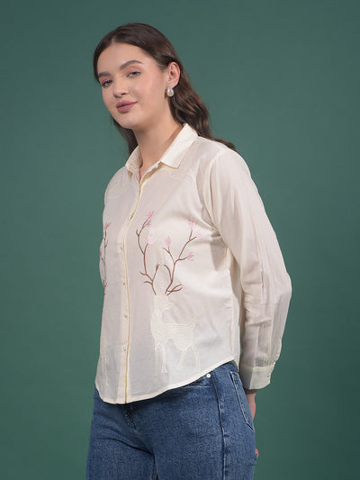 Cream Embroidered 100% Cotton Shirt-Women Shirts-Crimsoune Club