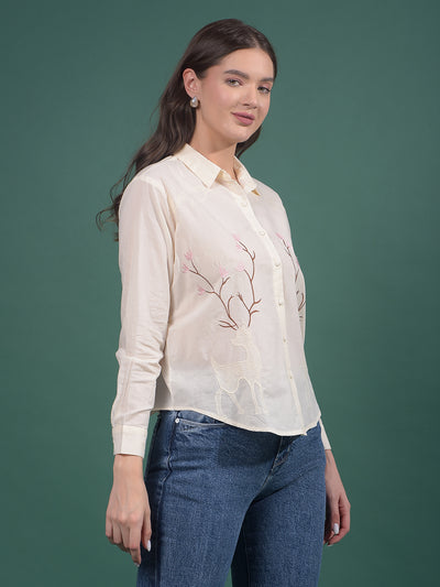Cream Embroidered 100% Cotton Shirt-Women Shirts-Crimsoune Club