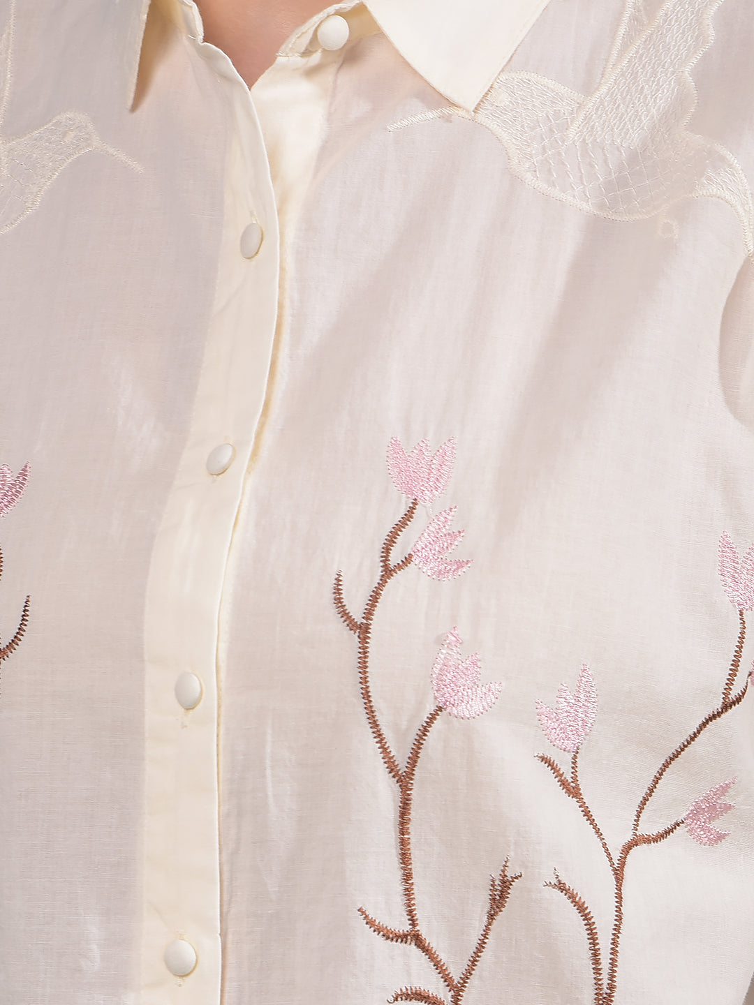 Cream Embroidered 100% Cotton Shirt-Women Shirts-Crimsoune Club