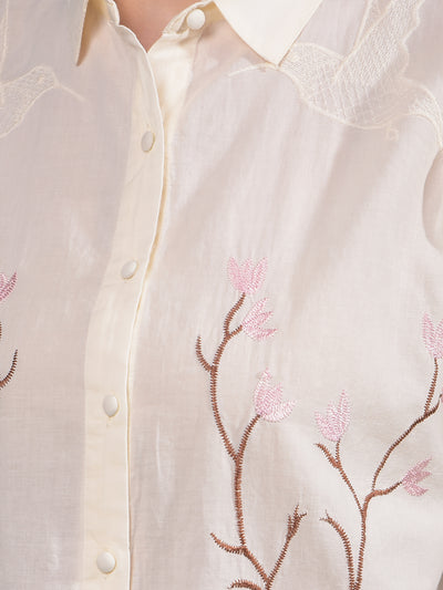 Cream Embroidered 100% Cotton Shirt-Women Shirts-Crimsoune Club