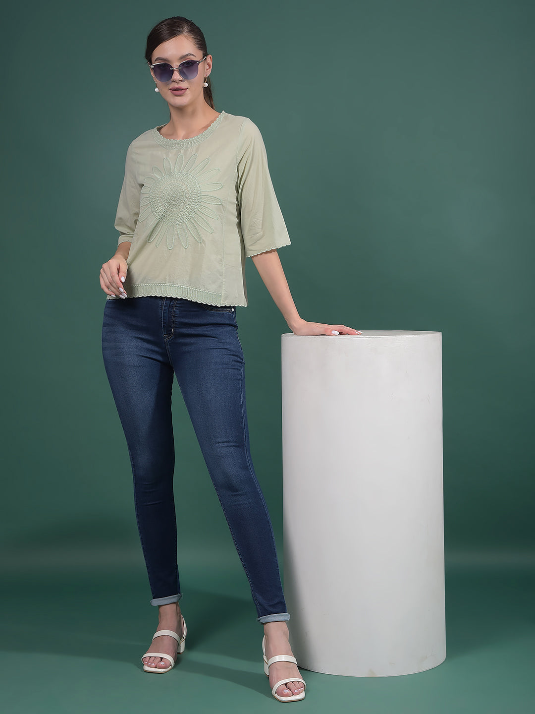 Green Embroidered 100% Cotton Top-Women Tops-Crimsoune Club