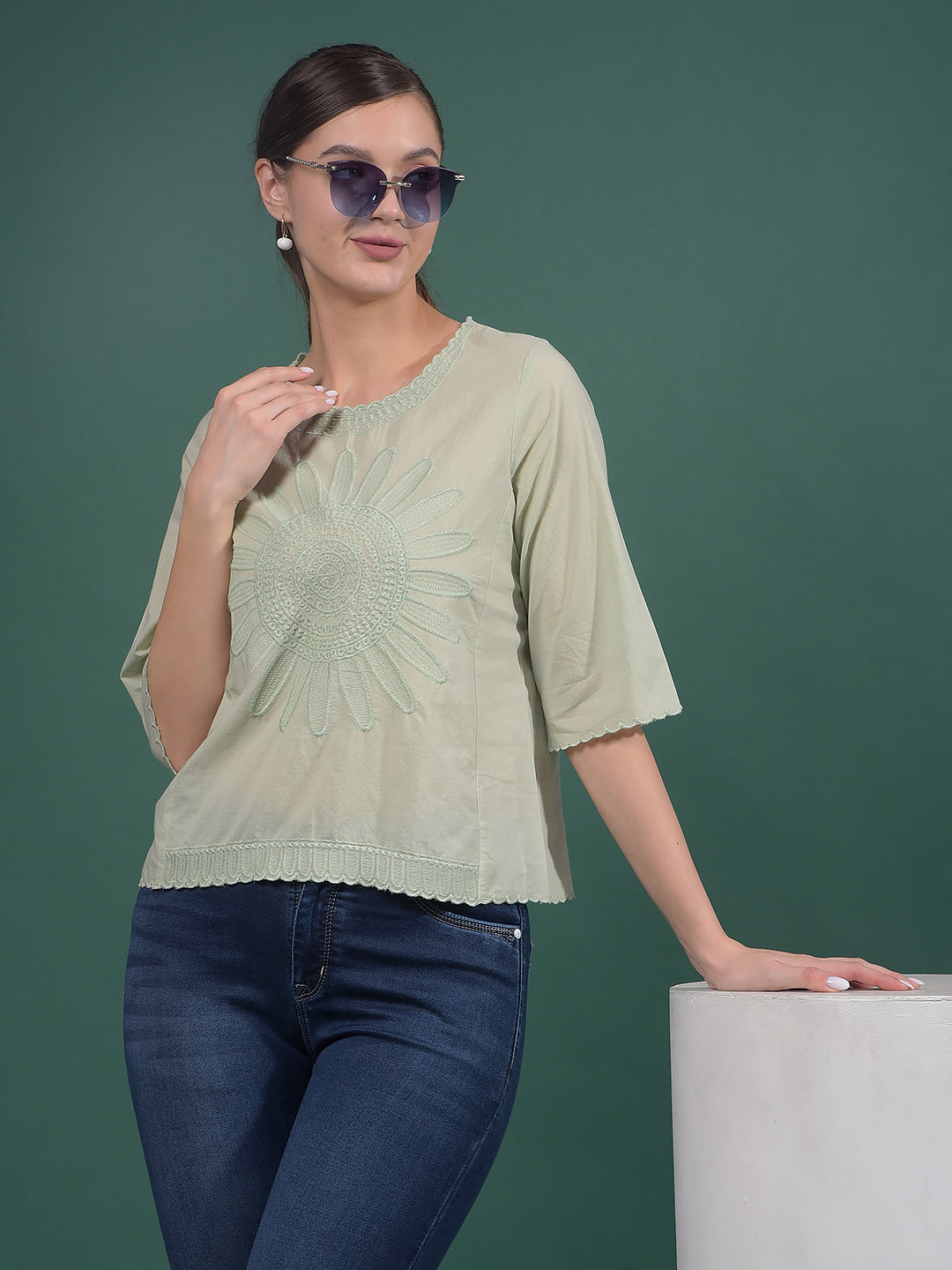 Green Embroidered 100% Cotton Top-Women Tops-Crimsoune Club