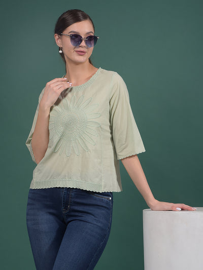 Green Embroidered 100% Cotton Top-Women Tops-Crimsoune Club