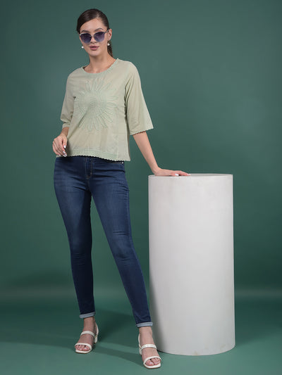 Green Embroidered 100% Cotton Top-Women Tops-Crimsoune Club