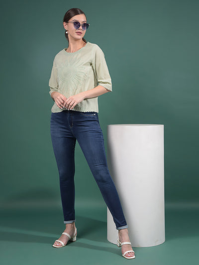Green Embroidered 100% Cotton Top-Women Tops-Crimsoune Club