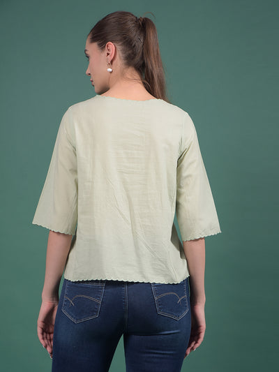 Green Embroidered 100% Cotton Top-Women Tops-Crimsoune Club