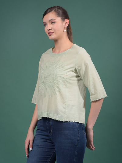 Green Embroidered 100% Cotton Top-Women Tops-Crimsoune Club