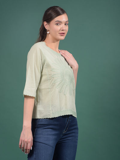 Green Embroidered 100% Cotton Top-Women Tops-Crimsoune Club