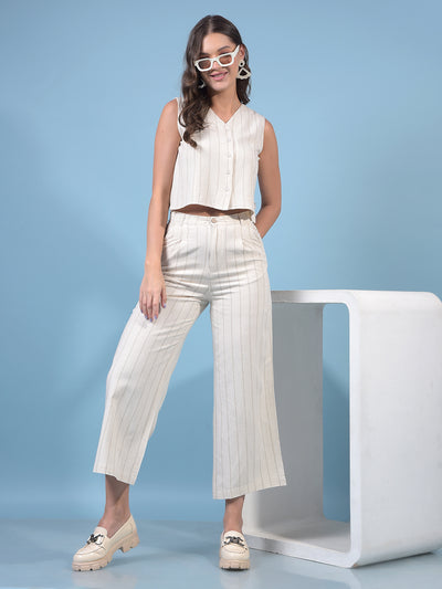Women's Beige Vertical Stripes Sleeveless Linen Cropped Waist-Coat-Women Waist-Coats-Crimsoune Club