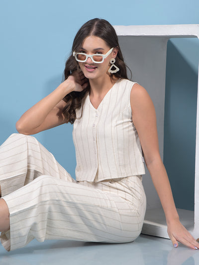 Women's Beige Vertical Stripes Sleeveless Linen Cropped Waist-Coat-Women Waist-Coats-Crimsoune Club