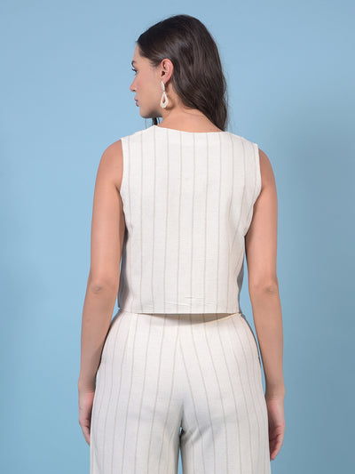 Women's Beige Vertical Stripes Sleeveless Linen Cropped Waist-Coat-Women Waist-Coats-Crimsoune Club