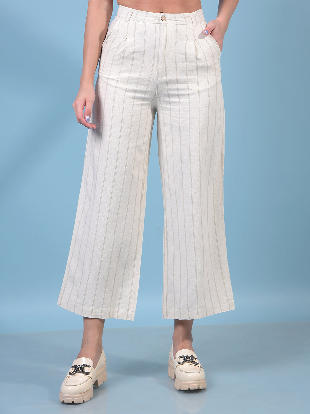 Women's Beige Vertical Stripes Linen Trousers-Women Trousers-Crimsoune Club