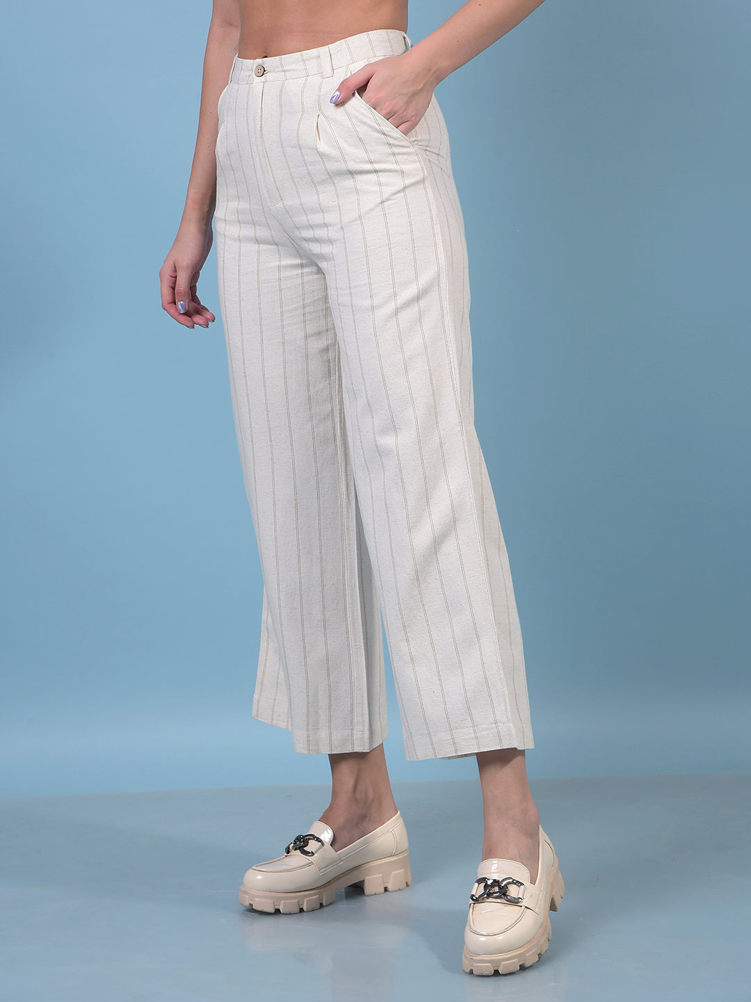 Women's Beige Vertical Stripes Linen Trousers-Women Trousers-Crimsoune Club