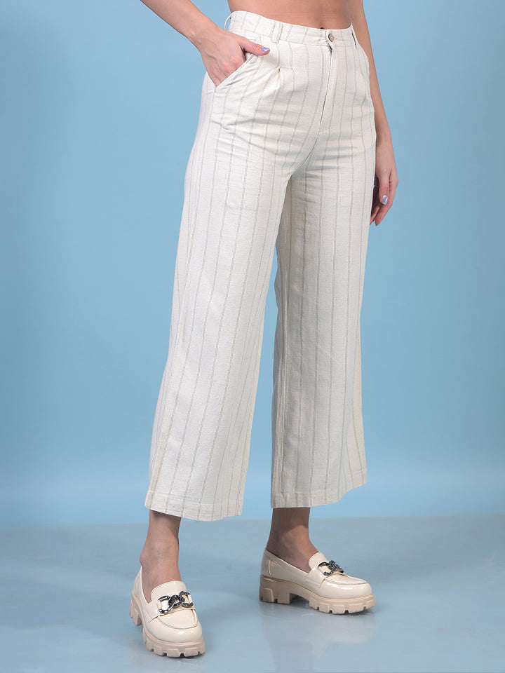 Women's Beige Vertical Stripes Linen Trousers-Women Trousers-Crimsoune Club