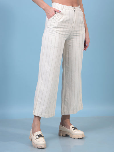 Women's Beige Vertical Stripes Linen Trousers-Women Trousers-Crimsoune Club