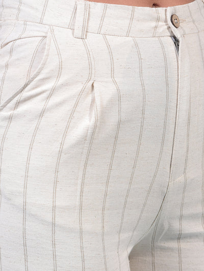 Women's Beige Vertical Stripes Linen Trousers-Women Trousers-Crimsoune Club